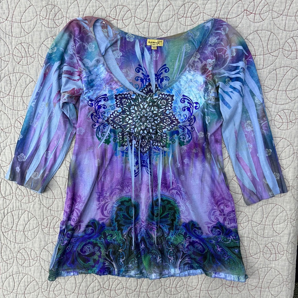 One World Top Purple Mandala Paisley Pleated Boho‎ / Women's Extra Large